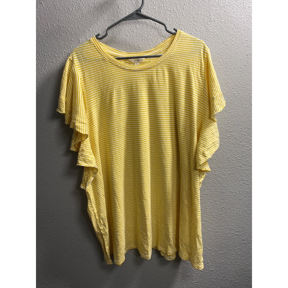 Terra & Sky Womens 2X Yellow White Striped Flutter Sleeve T-Shirt Plus Size Top